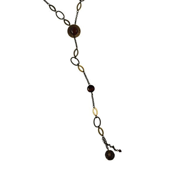 Boho Lariat Y Necklace Dark Bead Oval Links Long Statement Jewelry 19" Accessory - Picture 3 of 7